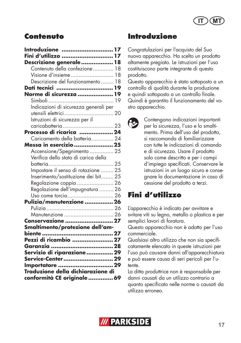 Contenuto, Introduzione, Fini d’utilizzo | It mt | Parkside PSSA 3.6 C3 User Manual | Page 17 / 74