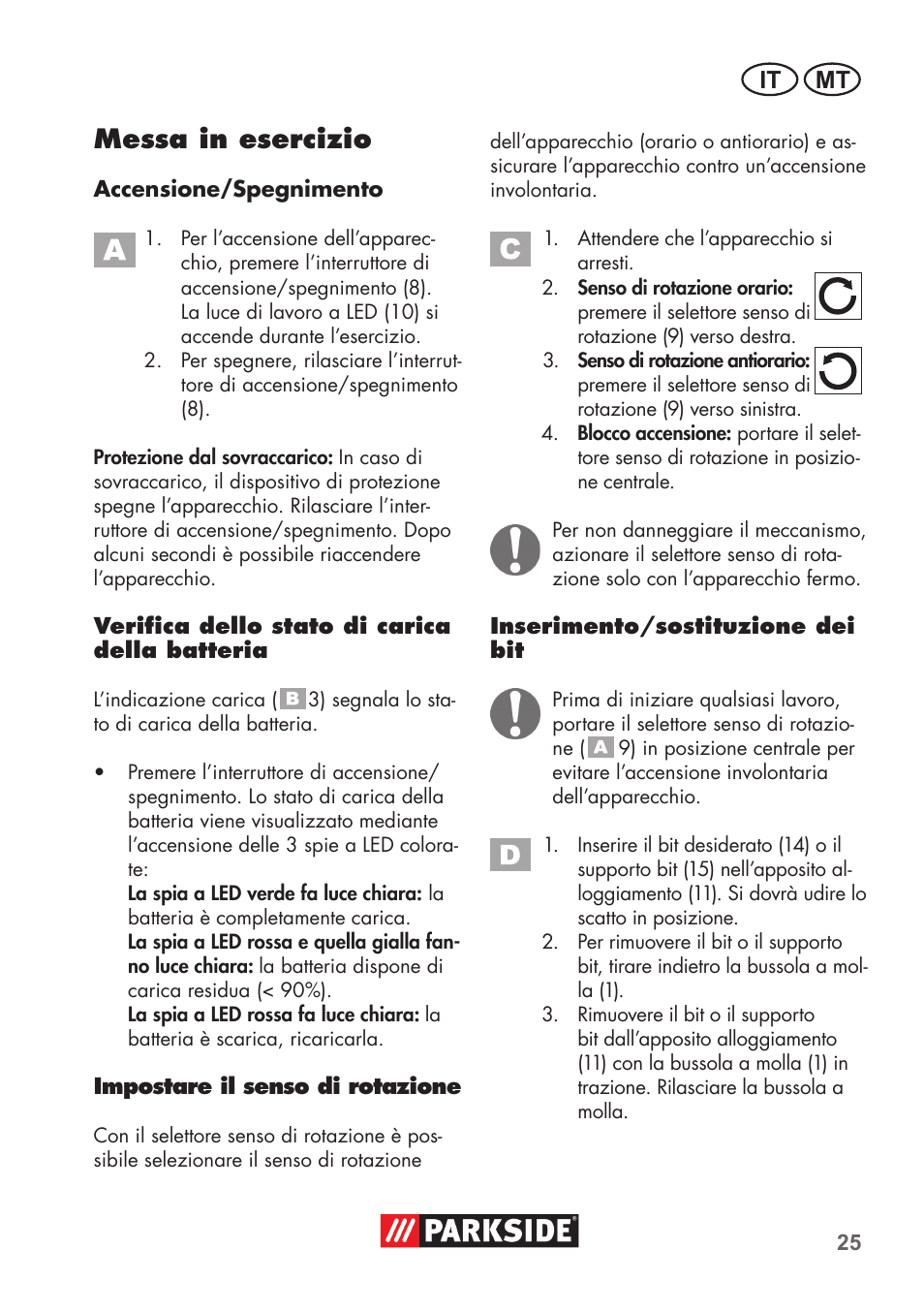 Messa in esercizio, It mt | Parkside PSSA 3.6 C3 User Manual | Page 25 / 74