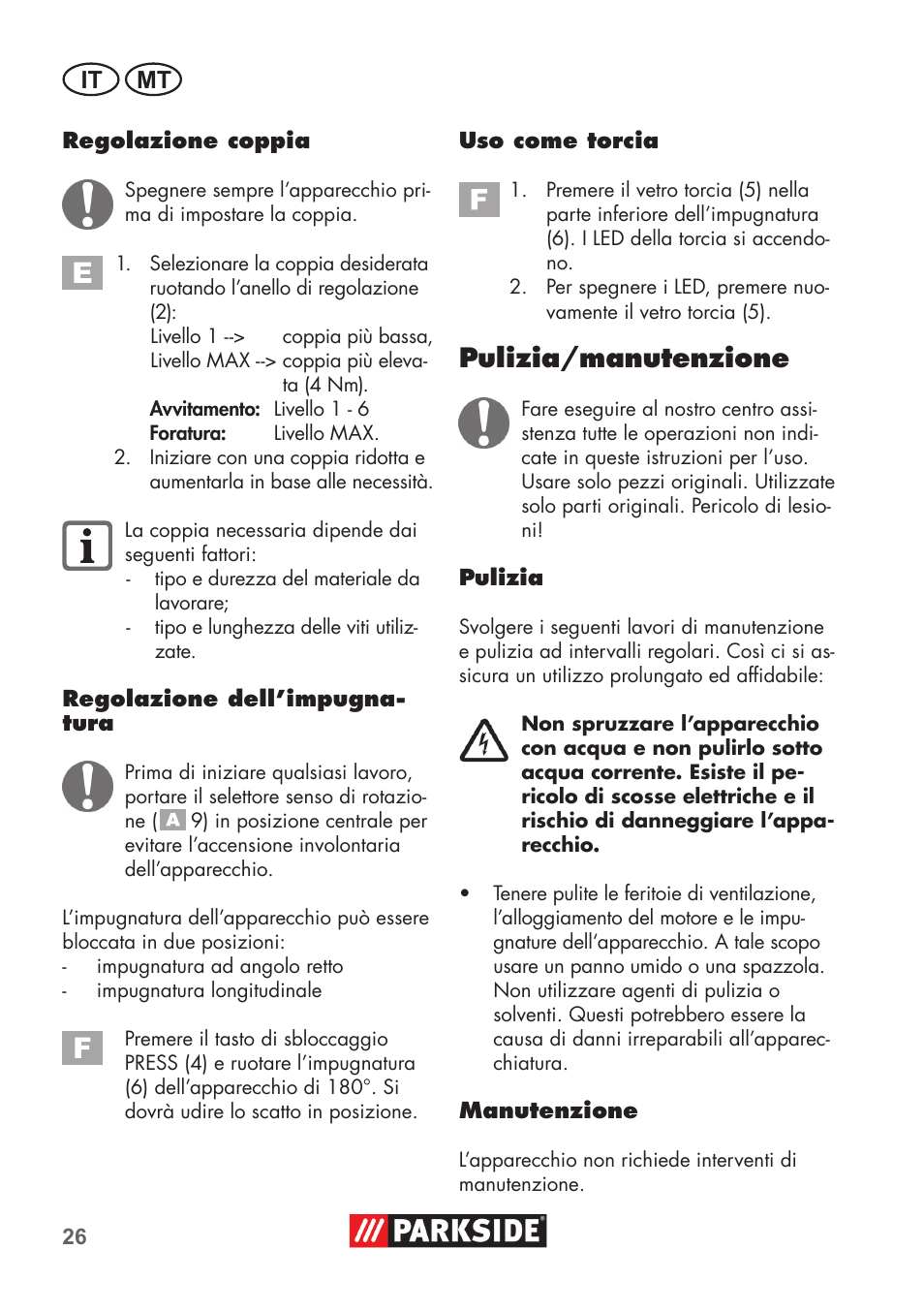 Pulizia/manutenzione, It mt | Parkside PSSA 3.6 C3 User Manual | Page 26 / 74