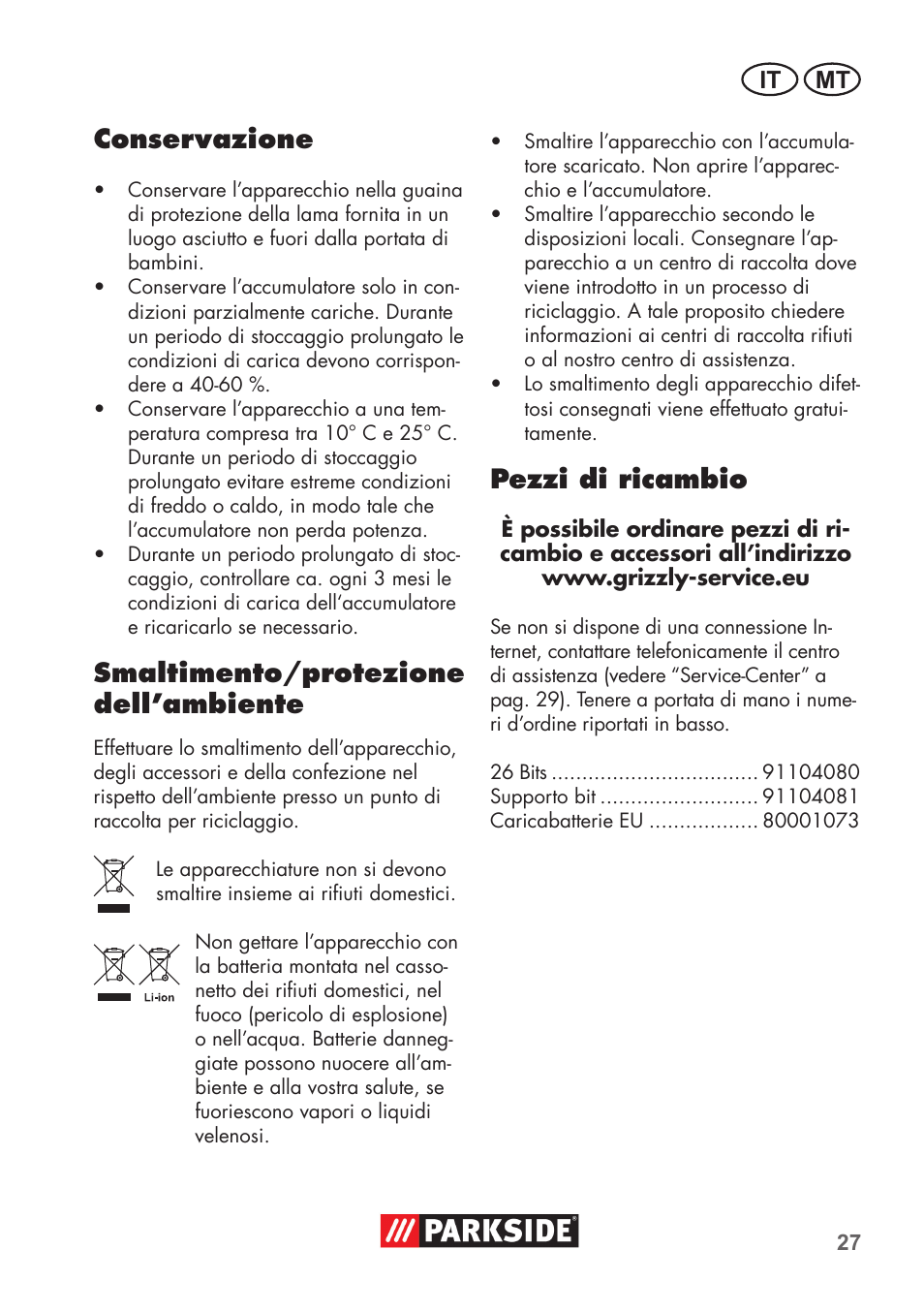 Conservazione, Smaltimento/protezione dell’ambiente, Pezzi di ricambio | Parkside PSSA 3.6 C3 User Manual | Page 27 / 74