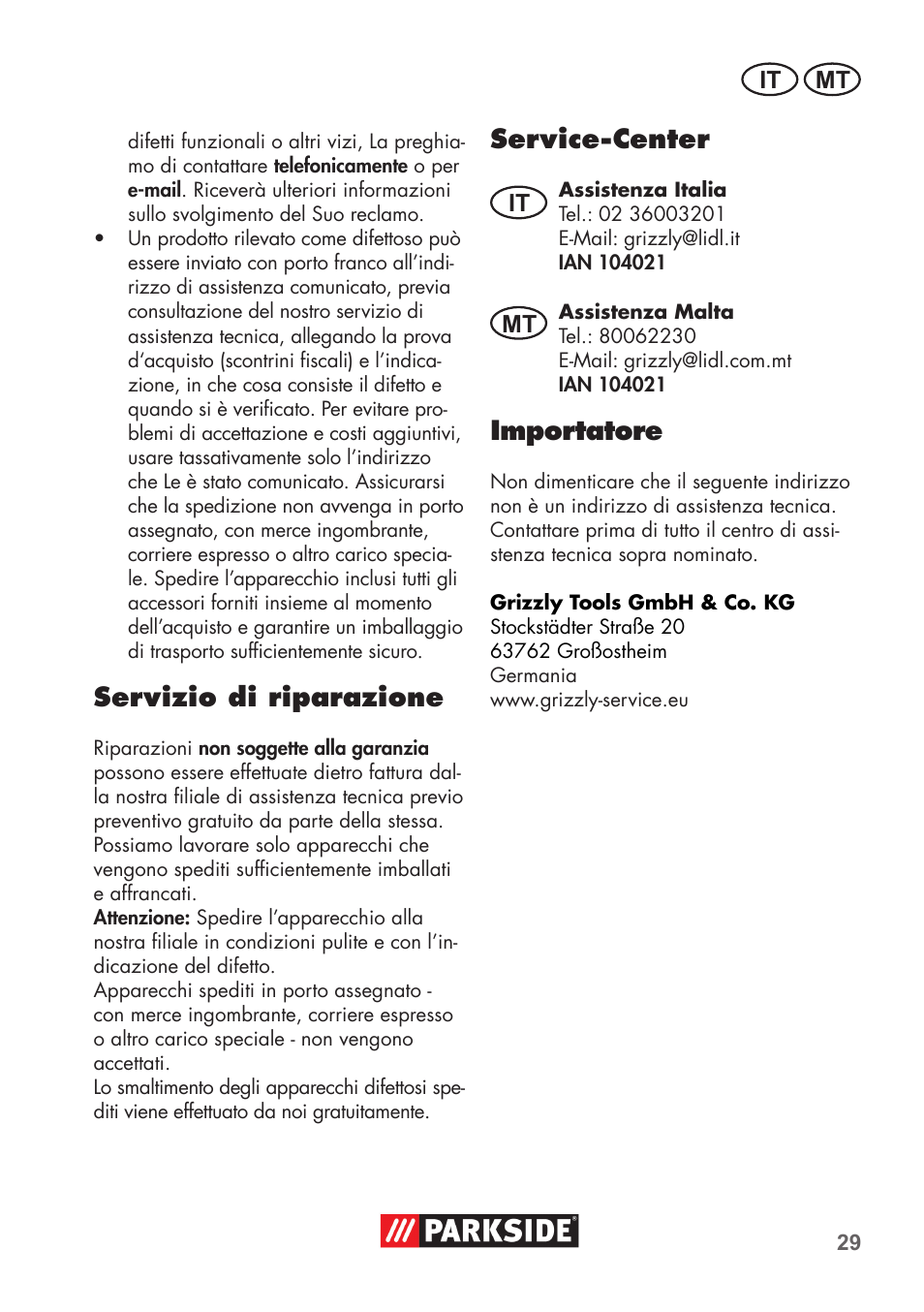Servizio di riparazione, Service-center, Importatore | Parkside PSSA 3.6 C3 User Manual | Page 29 / 74