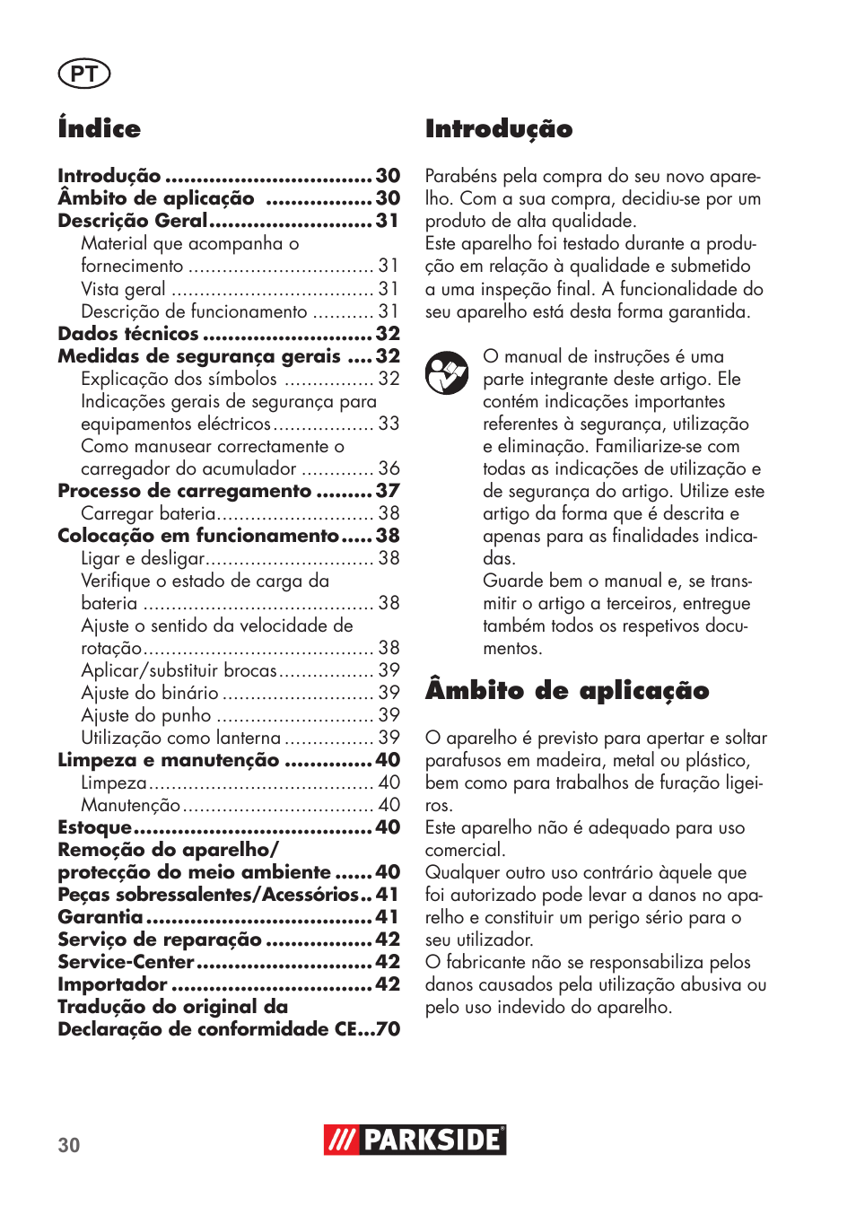 Índice, Introdução, Âmbito de aplicação | Parkside PSSA 3.6 C3 User Manual | Page 30 / 74