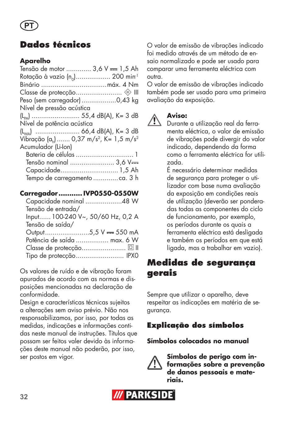 Dados técnicos, Medidas de segurança gerais | Parkside PSSA 3.6 C3 User Manual | Page 32 / 74