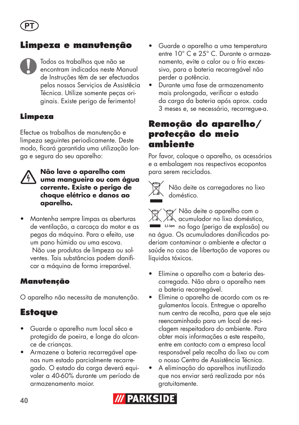 Limpeza e manutenção, Estoque, Remoção do aparelho/ protecção do meio ambiente | Parkside PSSA 3.6 C3 User Manual | Page 40 / 74