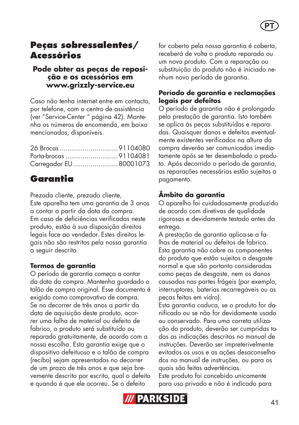 Peças sobressalentes/ acessórios, Garantia | Parkside PSSA 3.6 C3 User Manual | Page 41 / 74