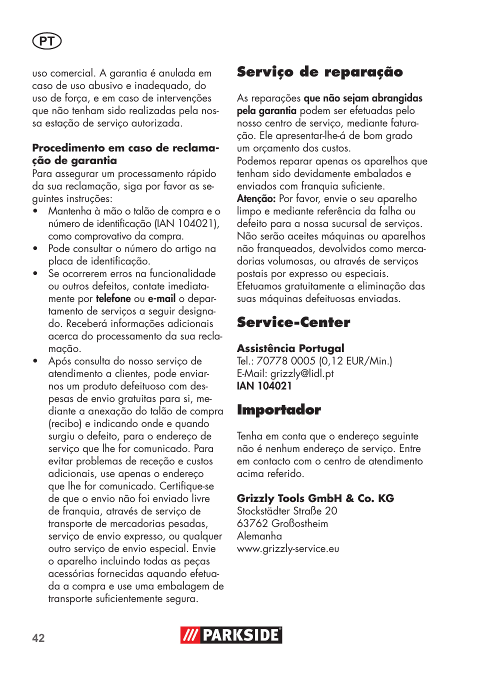 Serviço de reparação, Service-center, Importador | Parkside PSSA 3.6 C3 User Manual | Page 42 / 74