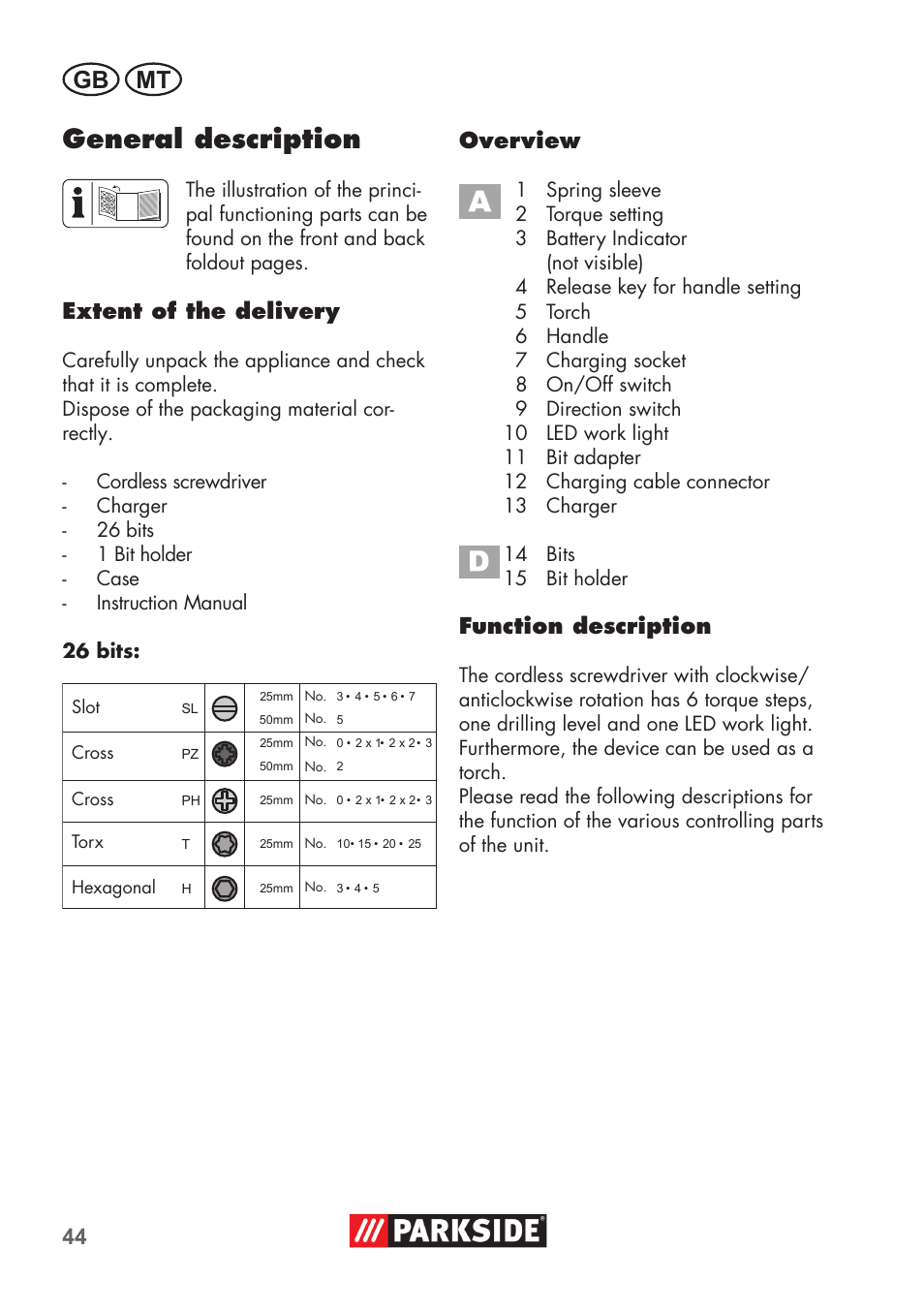 General description, Gb mt, Extent of the delivery | Overview, Function description | Parkside PSSA 3.6 C3 User Manual | Page 44 / 74