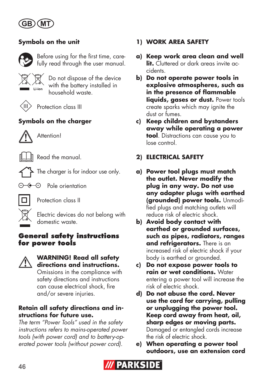 Gb mt | Parkside PSSA 3.6 C3 User Manual | Page 46 / 74