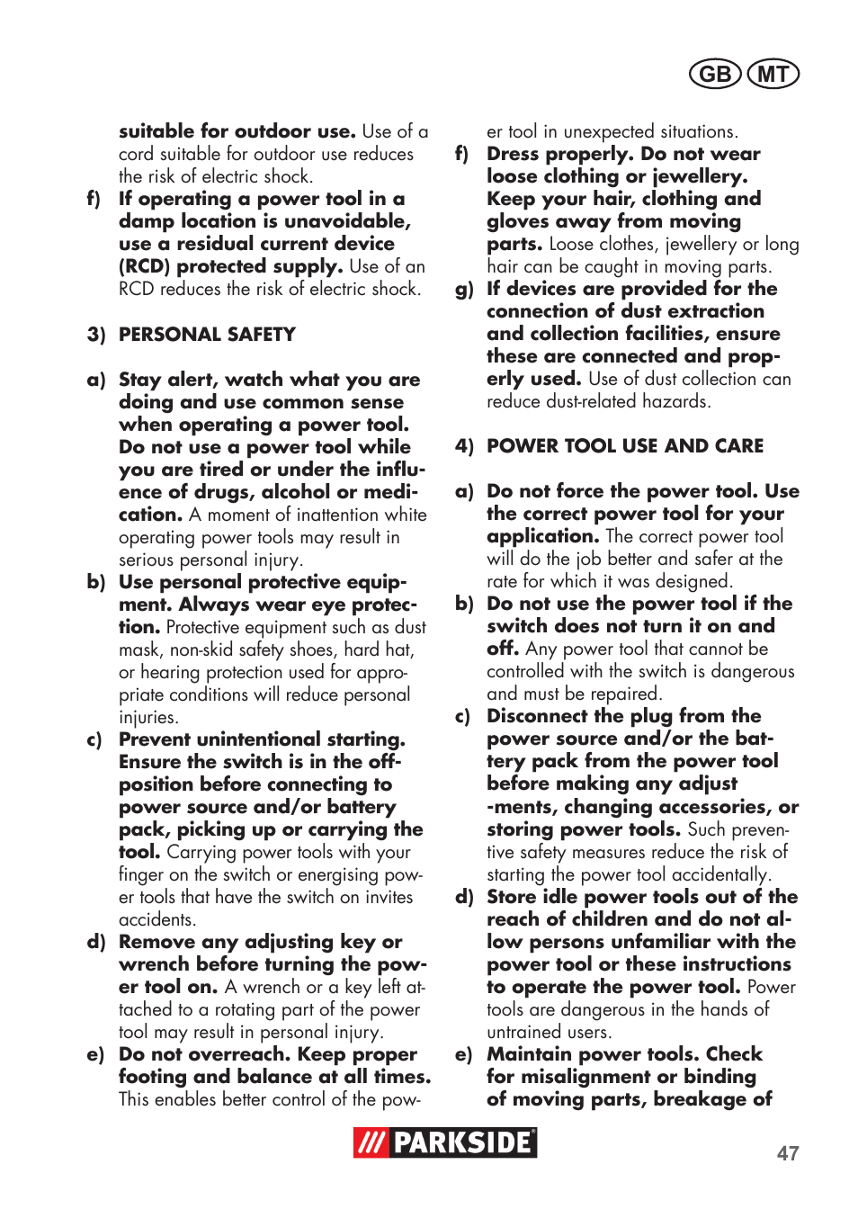 Gb mt | Parkside PSSA 3.6 C3 User Manual | Page 47 / 74