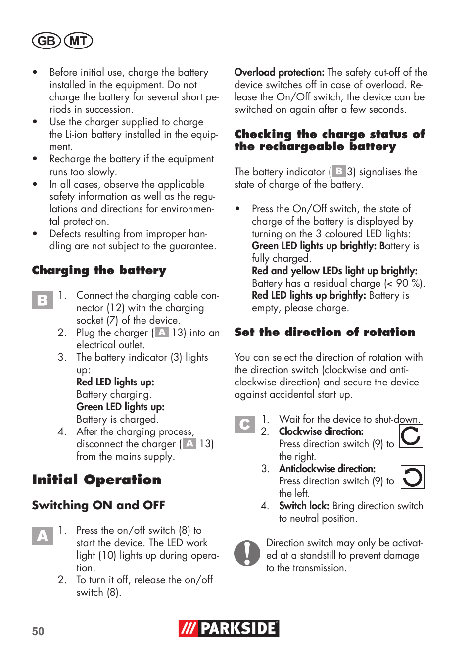 Initial operation, Gb mt | Parkside PSSA 3.6 C3 User Manual | Page 50 / 74