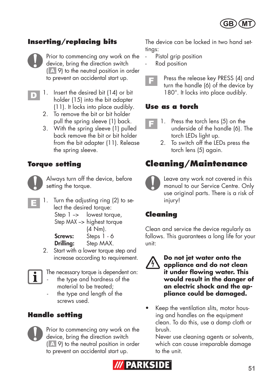 Cleaning/maintenance, Gb mt | Parkside PSSA 3.6 C3 User Manual | Page 51 / 74