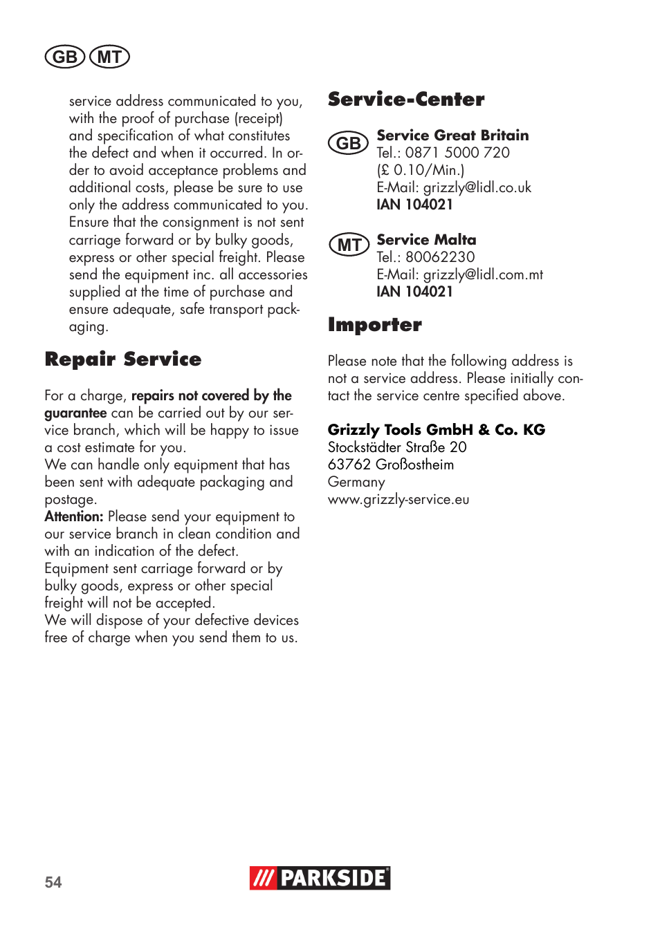 Repair service, Service-center, Importer | Parkside PSSA 3.6 C3 User Manual | Page 54 / 74