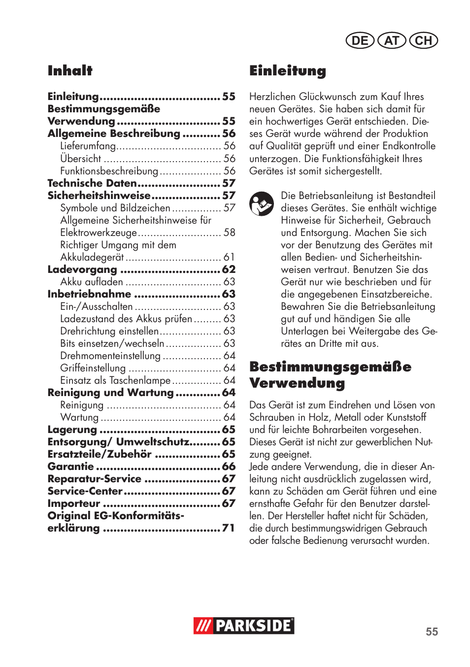 Inhalt, Einleitung, Bestimmungsgemäße verwendung | De at ch | Parkside PSSA 3.6 C3 User Manual | Page 55 / 74