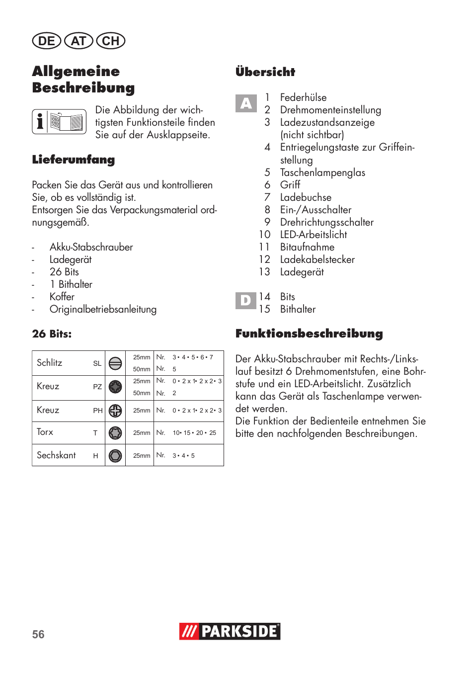 Allgemeine beschreibung, De at ch, Lieferumfang | Übersicht, Funktionsbeschreibung | Parkside PSSA 3.6 C3 User Manual | Page 56 / 74