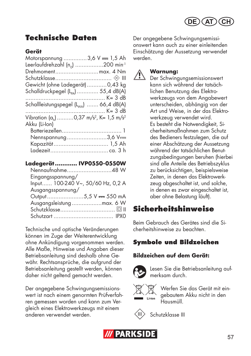 Technische daten, Sicherheitshinweise, De at ch | Parkside PSSA 3.6 C3 User Manual | Page 57 / 74