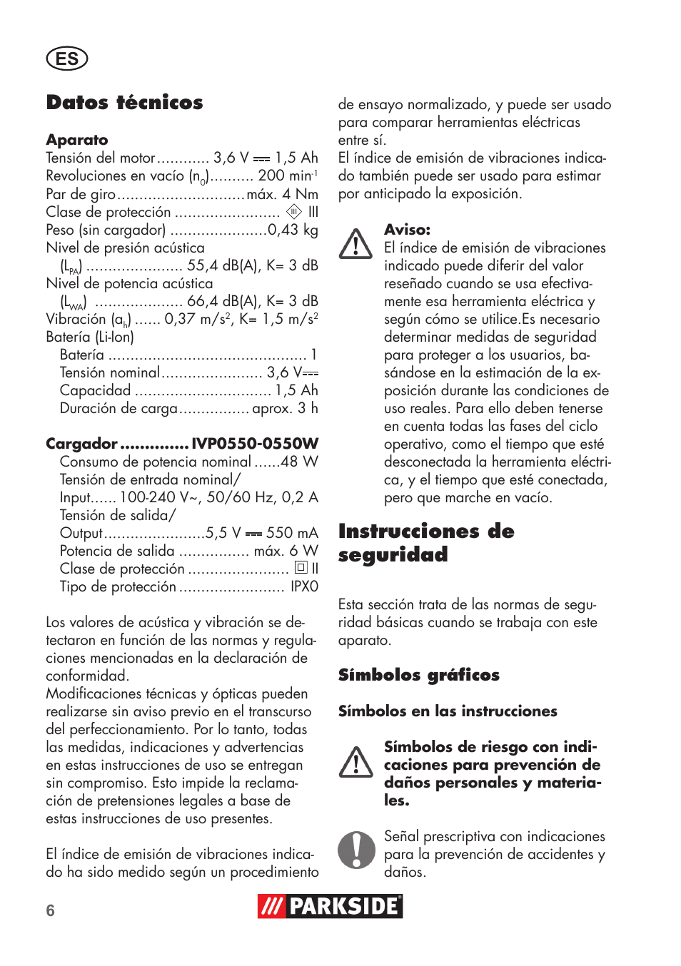 Datos técnicos, Instrucciones de seguridad | Parkside PSSA 3.6 C3 User Manual | Page 6 / 74