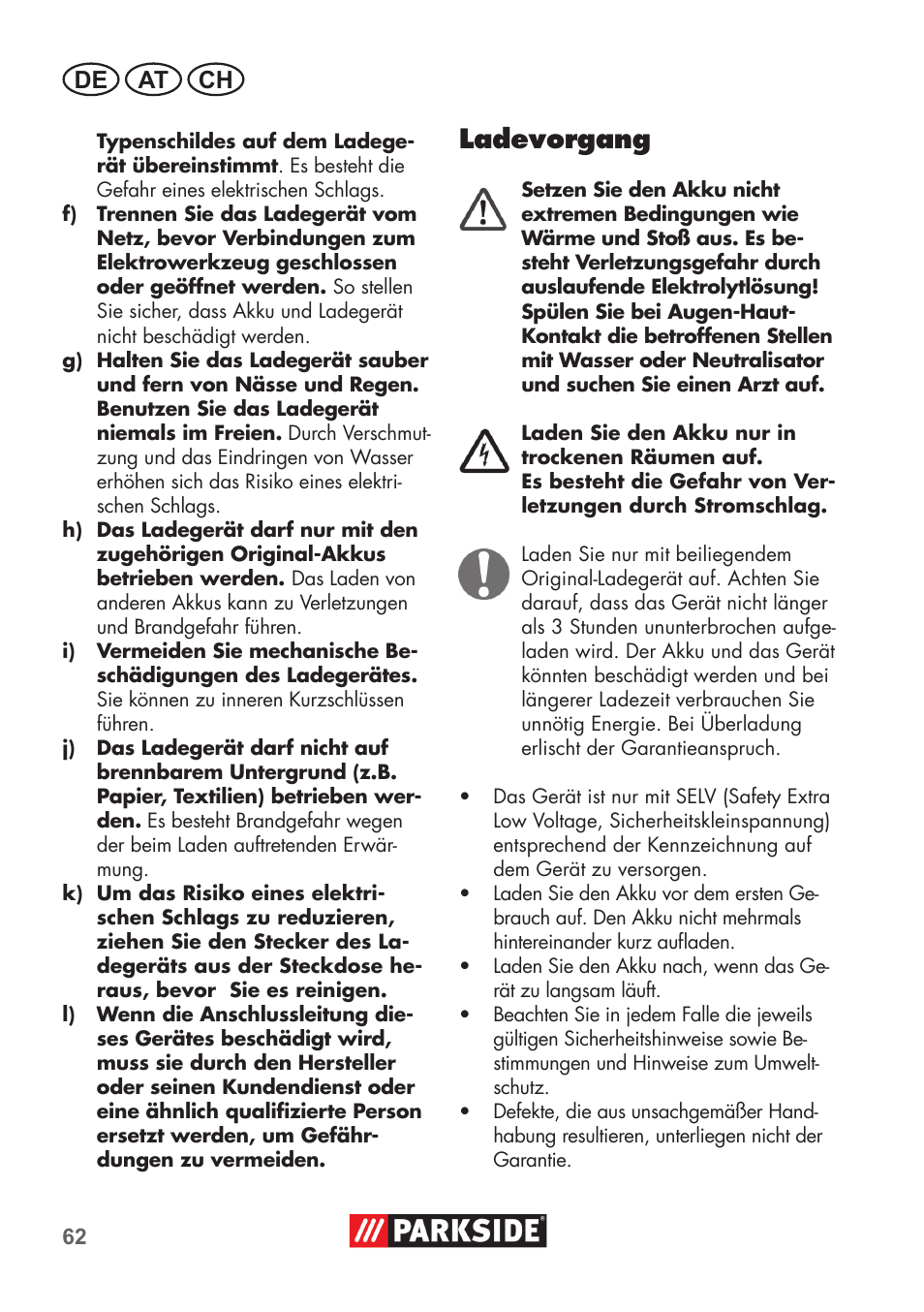 Ladevorgang, De at ch | Parkside PSSA 3.6 C3 User Manual | Page 62 / 74