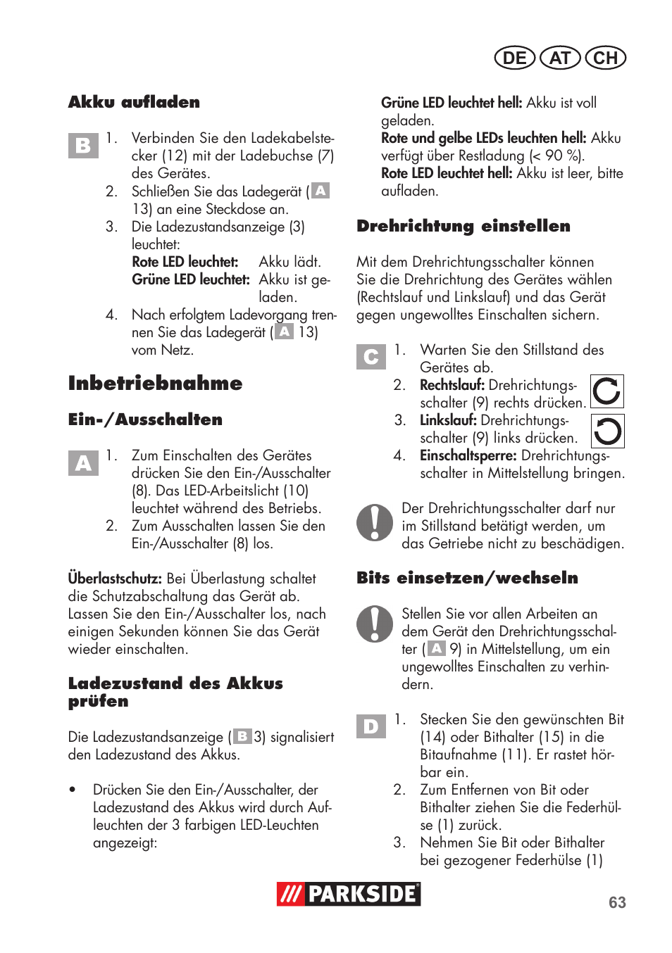 Inbetriebnahme, De at ch | Parkside PSSA 3.6 C3 User Manual | Page 63 / 74