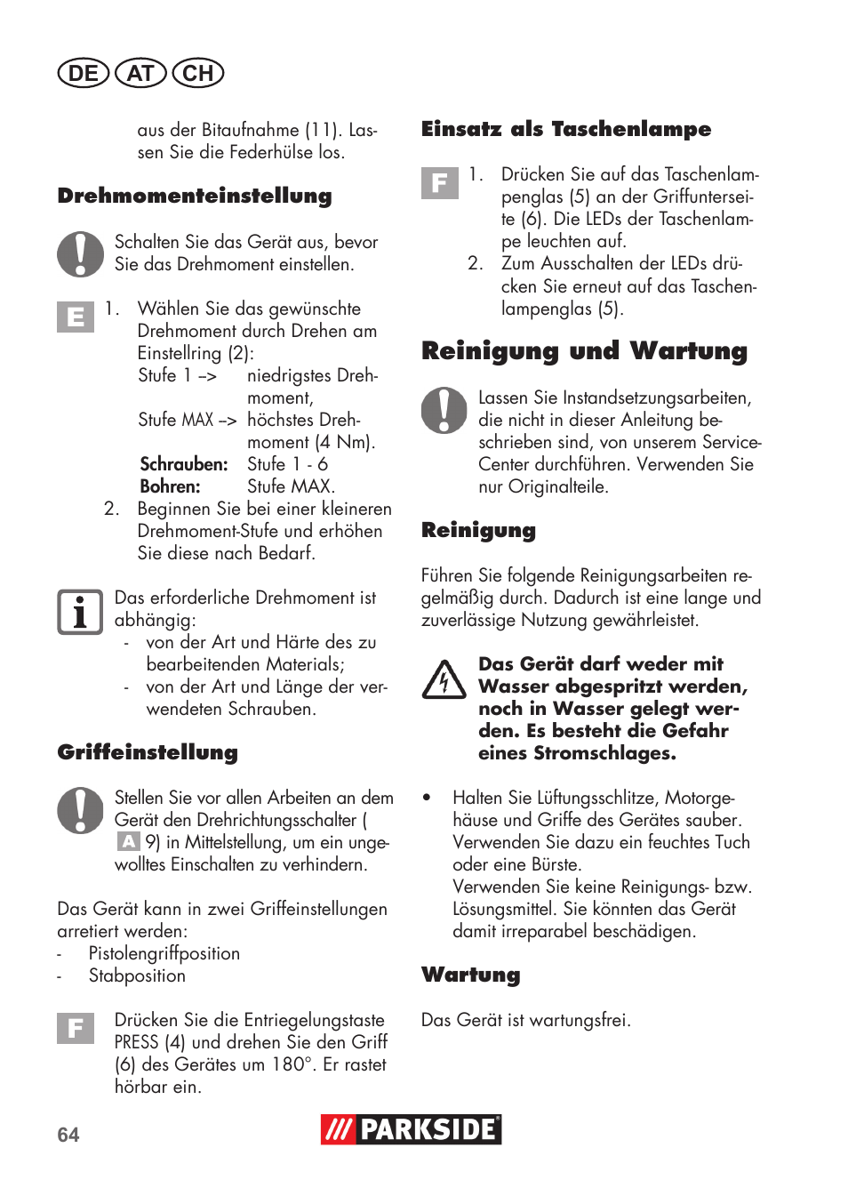 Reinigung und wartung, De at ch | Parkside PSSA 3.6 C3 User Manual | Page 64 / 74