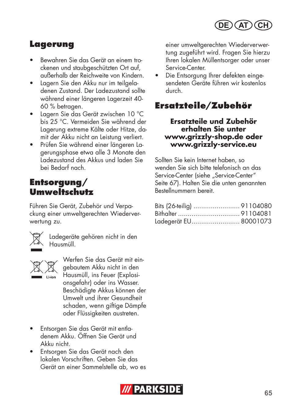 Lagerung, Entsorgung/ umweltschutz, Ersatzteile/zubehör | Parkside PSSA 3.6 C3 User Manual | Page 65 / 74