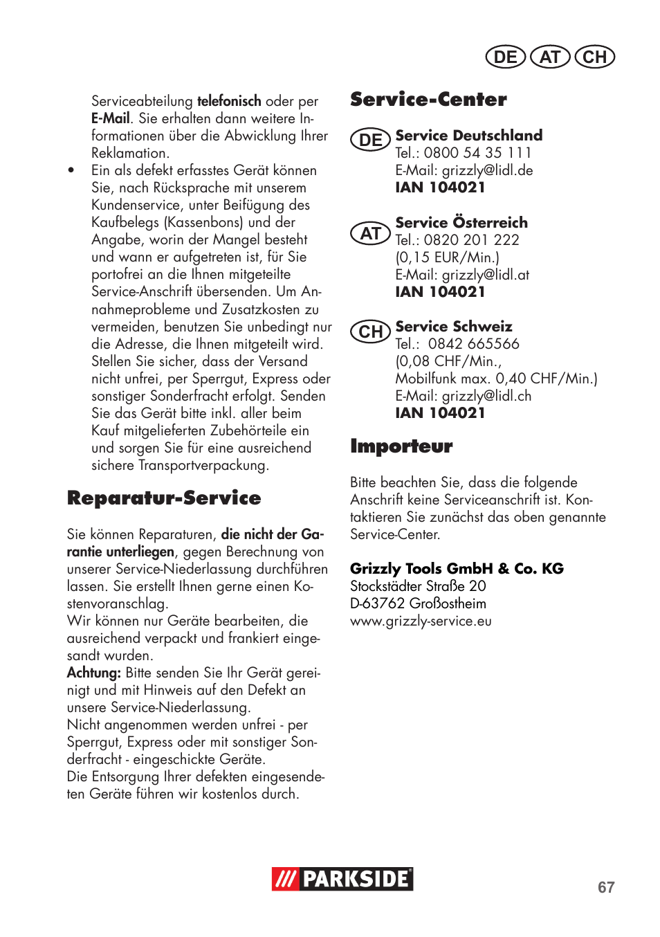 Service-center, Importeur, Reparatur-service | Parkside PSSA 3.6 C3 User Manual | Page 67 / 74