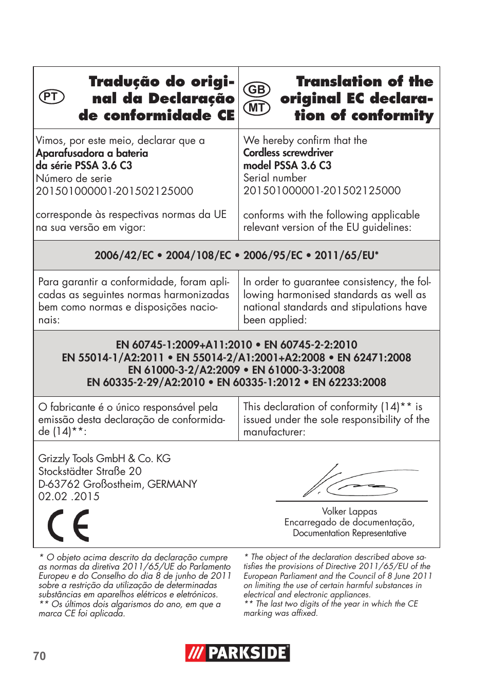Parkside PSSA 3.6 C3 User Manual | Page 70 / 74