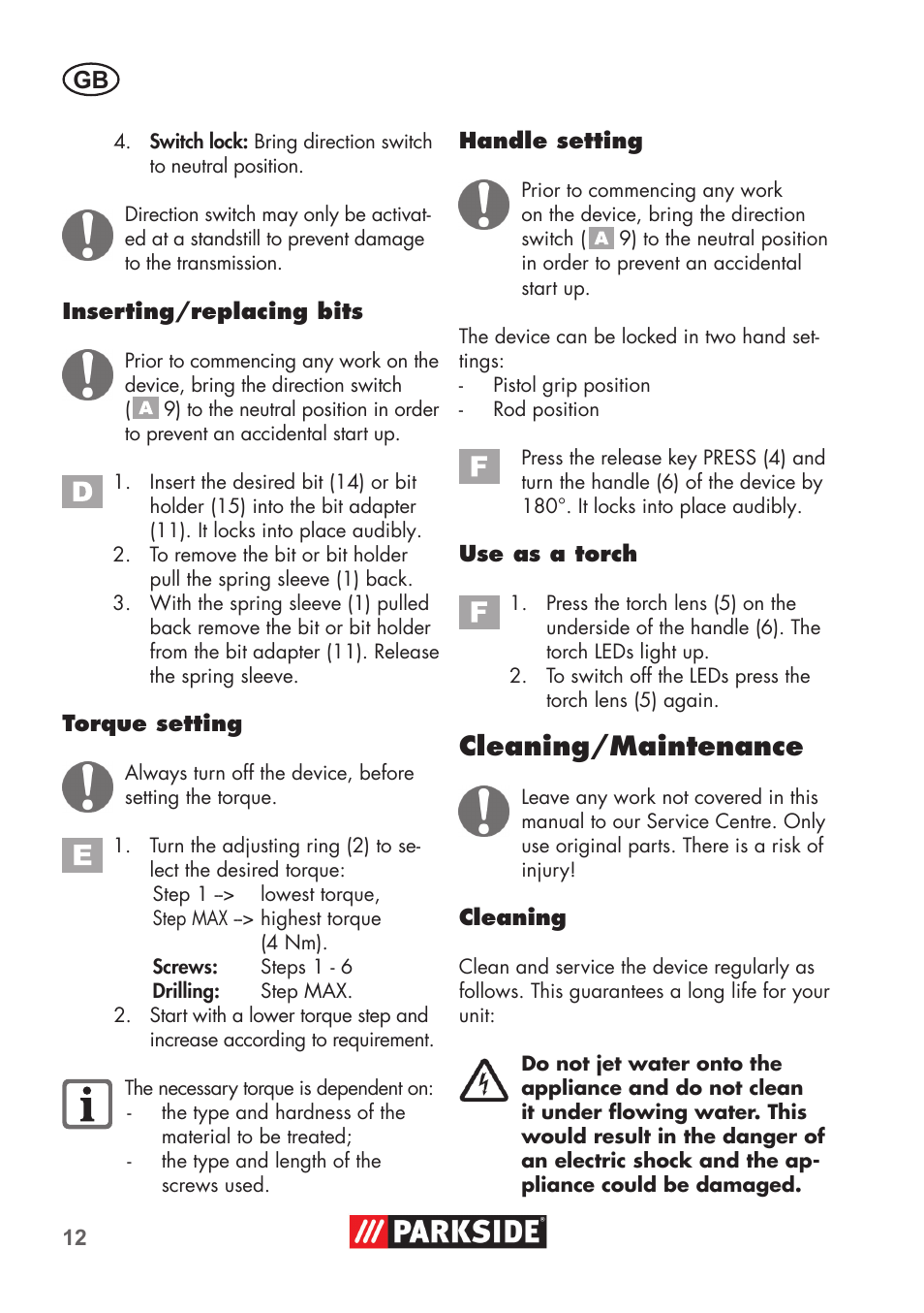 Cleaning/maintenance | Parkside PSSA 3.6 C3 User Manual | Page 12 / 82