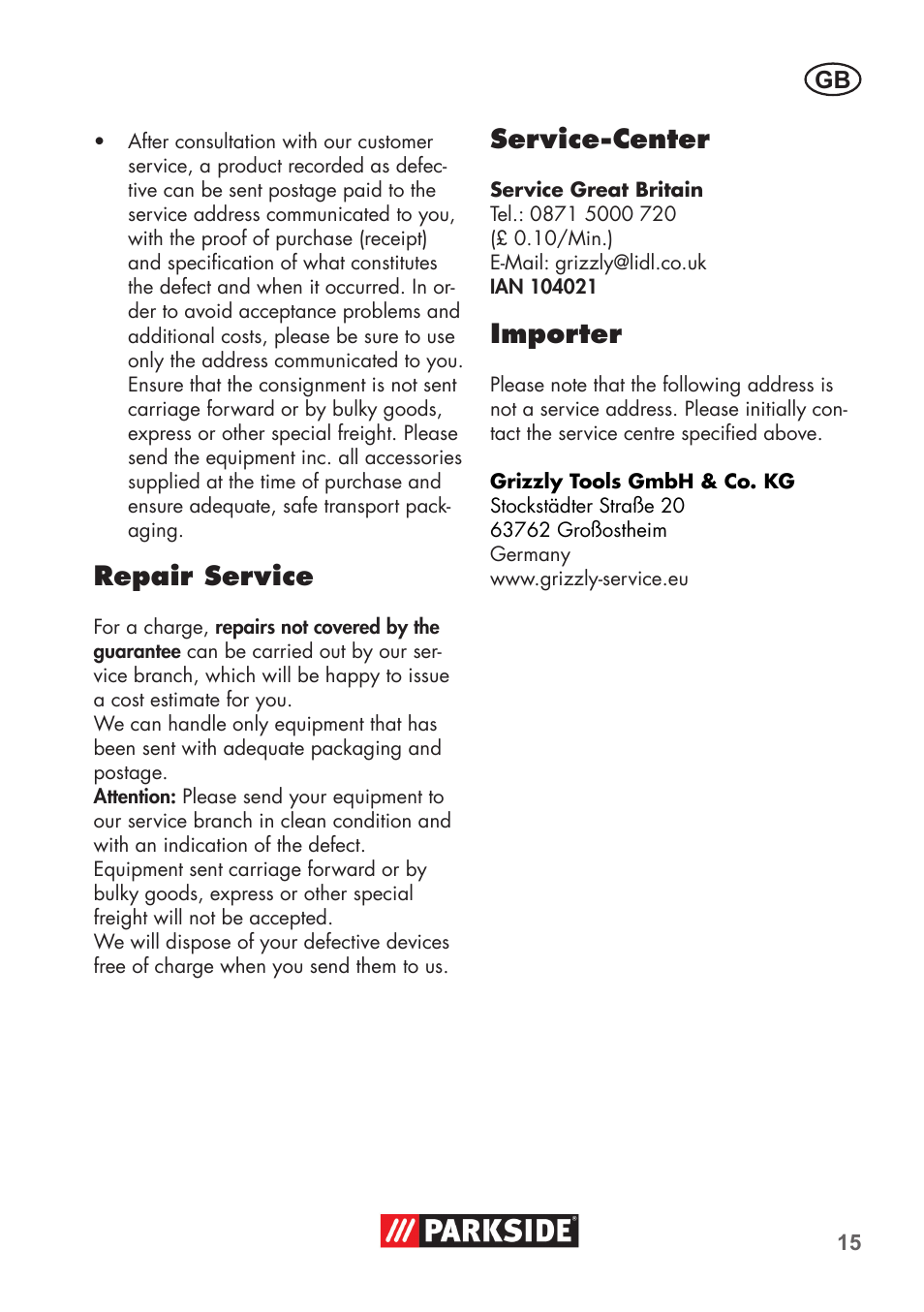 Repair service, Service-center, Importer | Parkside PSSA 3.6 C3 User Manual | Page 15 / 82
