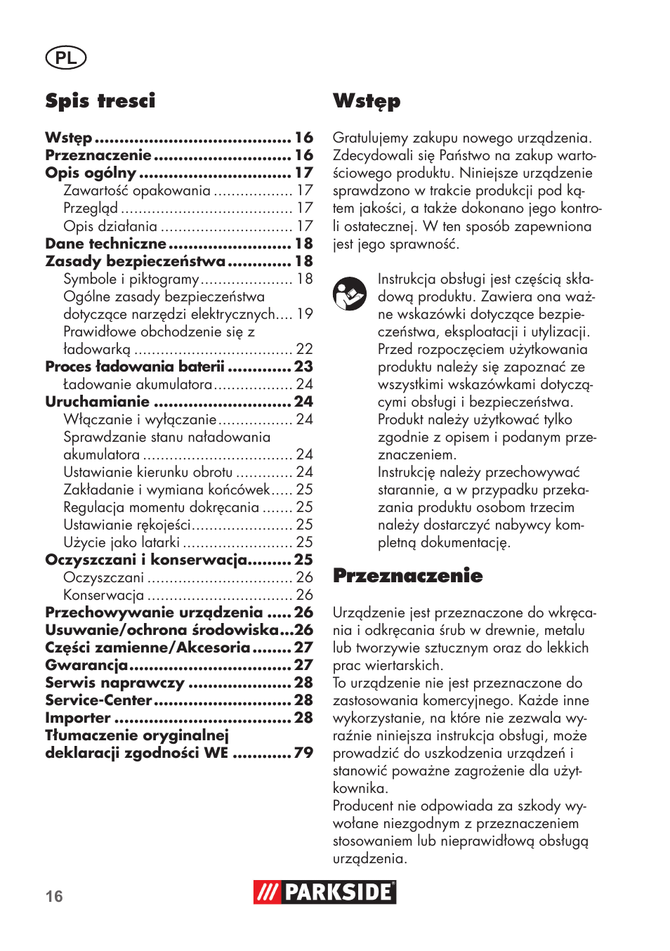 Spis tresci, Wstęp, Przeznaczenie | Parkside PSSA 3.6 C3 User Manual | Page 16 / 82