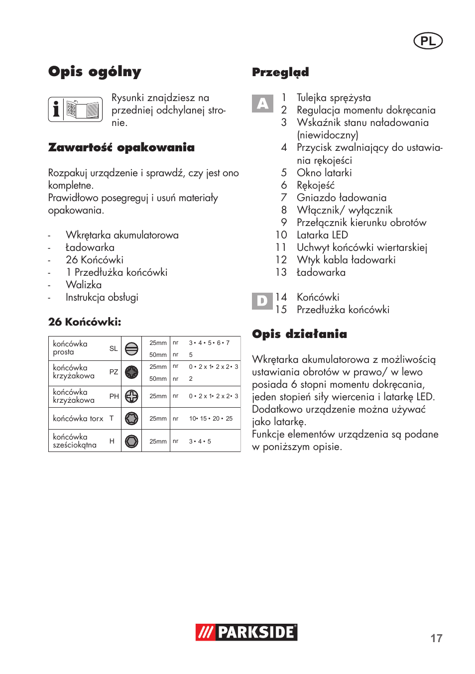 Opis ogólny, Zawartość opakowania, Przegląd | Opis działania | Parkside PSSA 3.6 C3 User Manual | Page 17 / 82