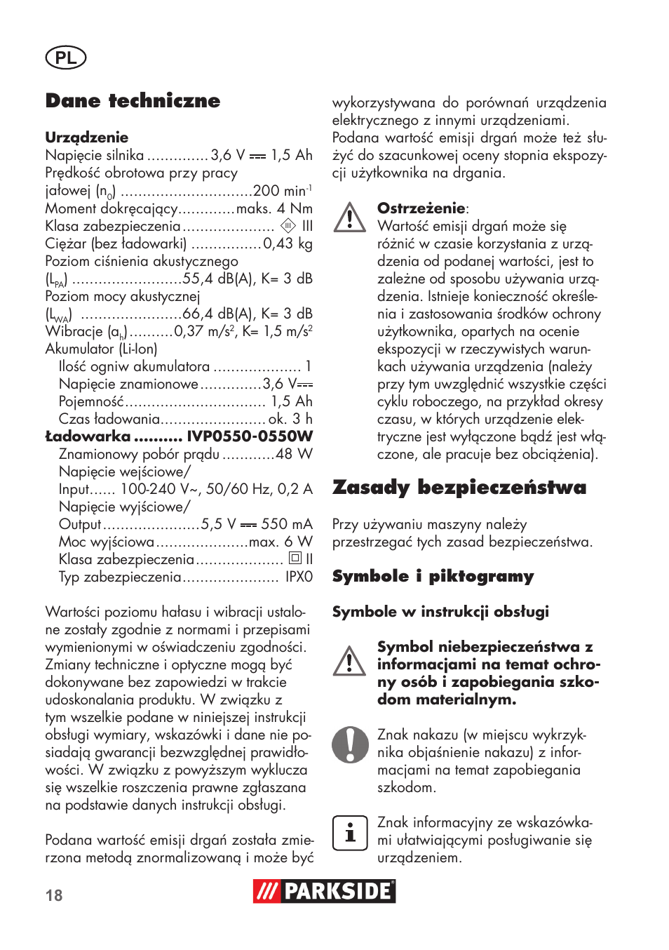 Dane techniczne, Zasady bezpieczeństwa | Parkside PSSA 3.6 C3 User Manual | Page 18 / 82