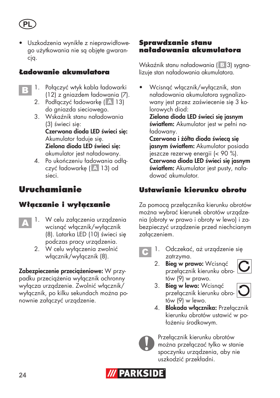 Uruchamianie | Parkside PSSA 3.6 C3 User Manual | Page 24 / 82