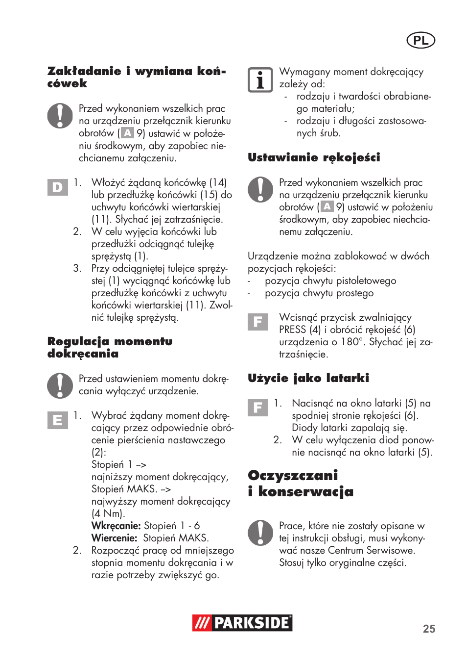 Oczyszczani i konserwacja | Parkside PSSA 3.6 C3 User Manual | Page 25 / 82