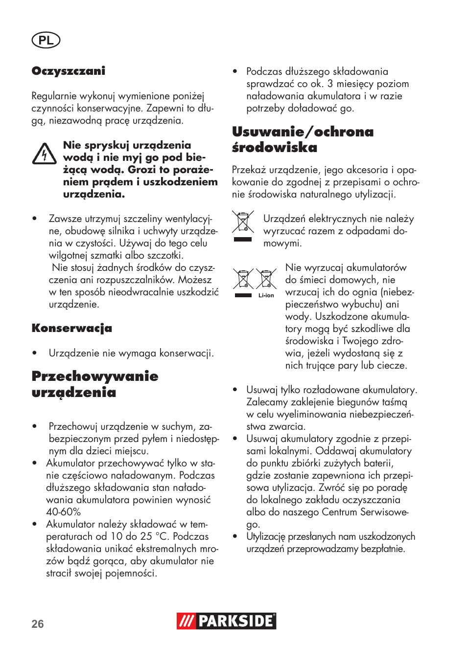 Przechowywanie urządzenia, Usuwanie/ochrona środowiska | Parkside PSSA 3.6 C3 User Manual | Page 26 / 82