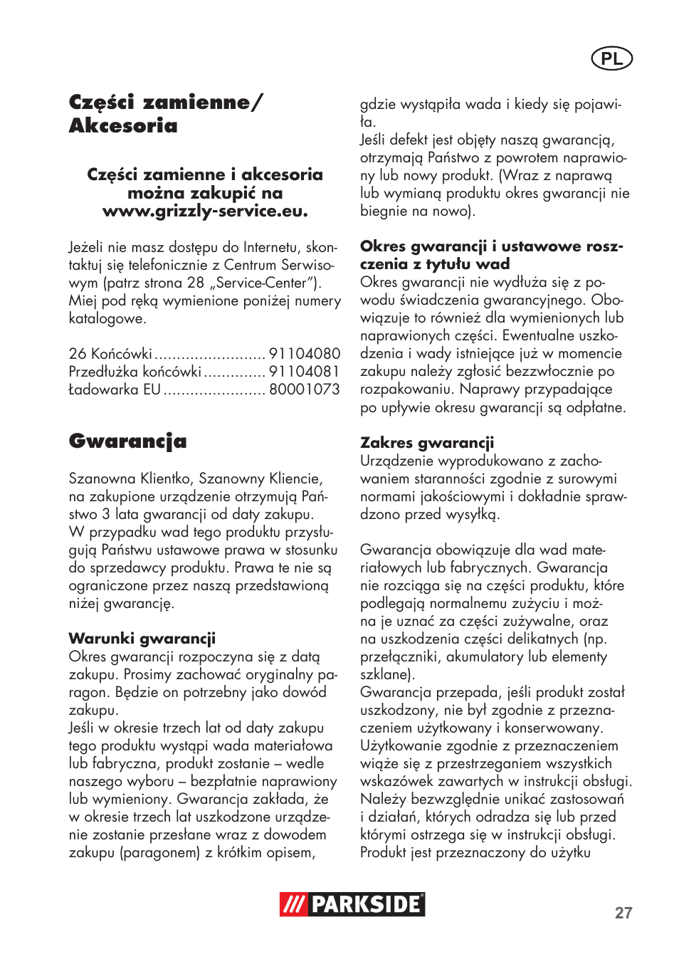 Części zamienne/ akcesoria, Gwarancja | Parkside PSSA 3.6 C3 User Manual | Page 27 / 82