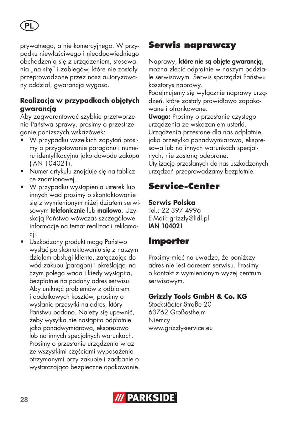 Serwis naprawczy, Service-center, Importer | Parkside PSSA 3.6 C3 User Manual | Page 28 / 82