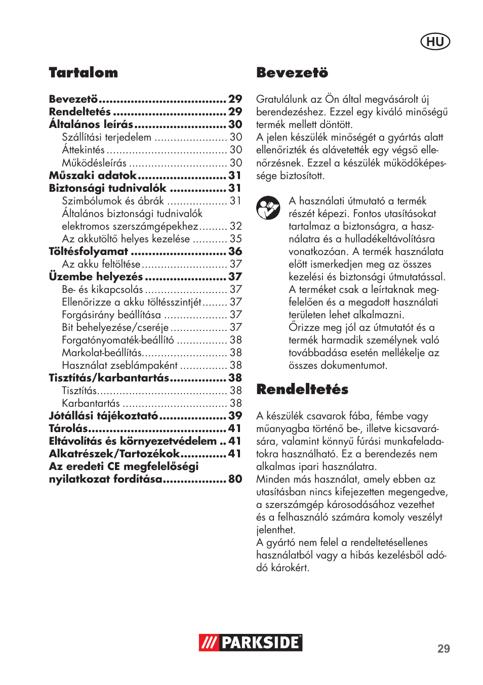 Tartalom, Bevezetö, Rendeltetés | Parkside PSSA 3.6 C3 User Manual | Page 29 / 82
