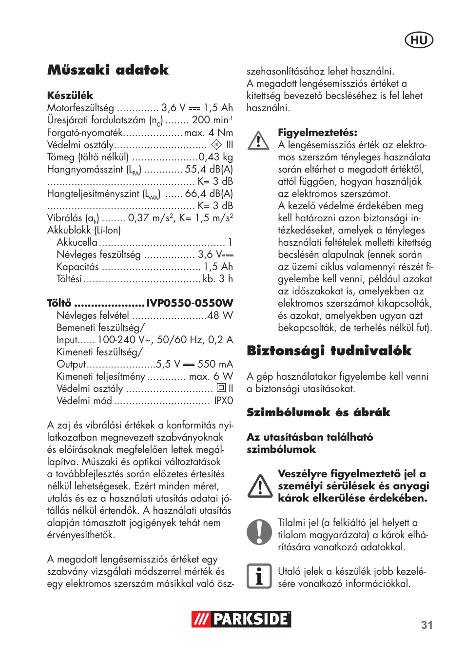 Műszaki adatok, Biztonsági tudnivalók | Parkside PSSA 3.6 C3 User Manual | Page 31 / 82
