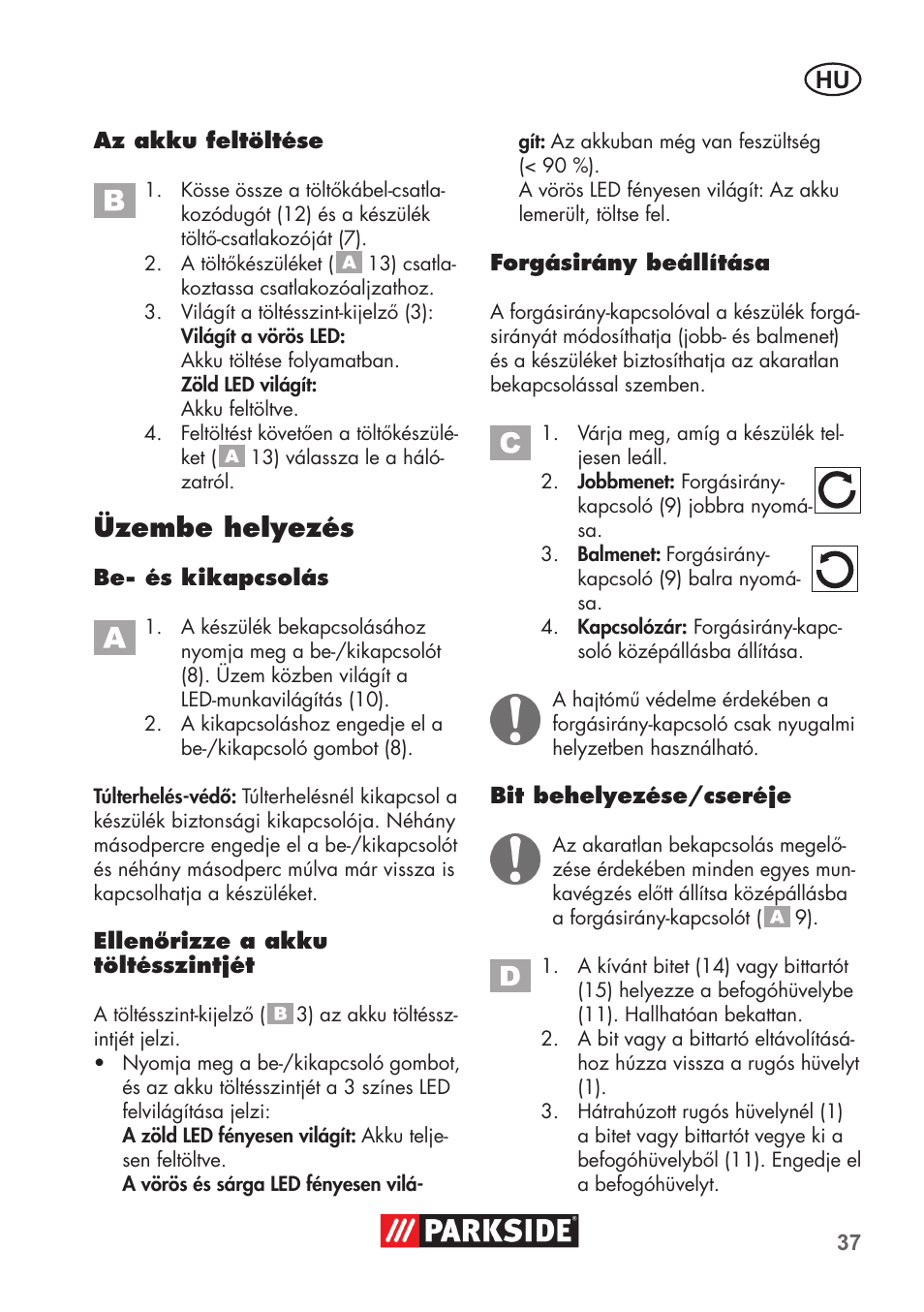 Üzembe helyezés | Parkside PSSA 3.6 C3 User Manual | Page 37 / 82