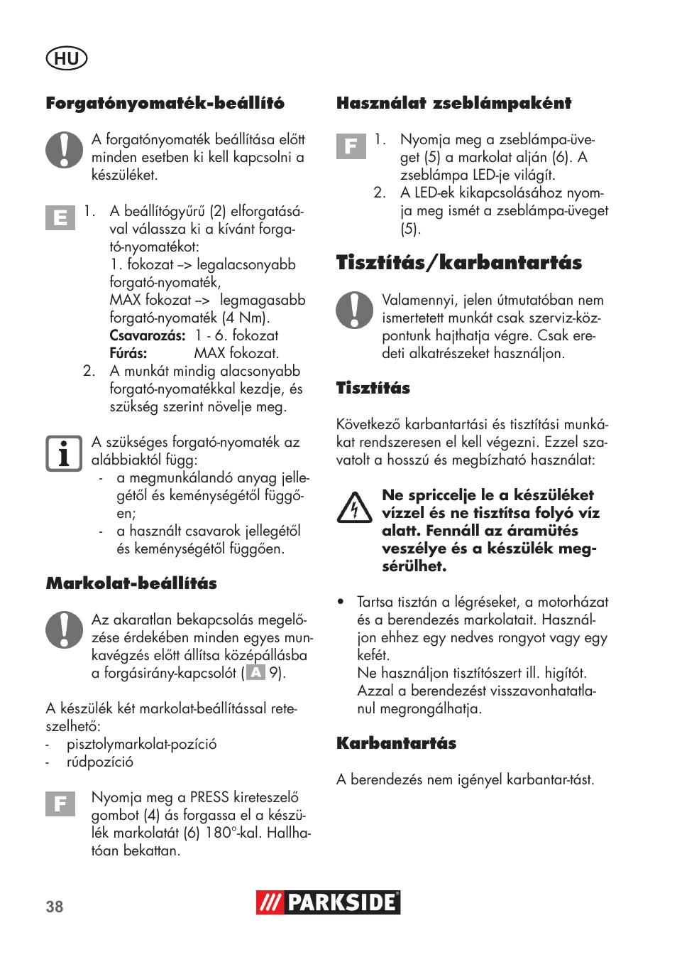 Tisztítás/karbantartás | Parkside PSSA 3.6 C3 User Manual | Page 38 / 82