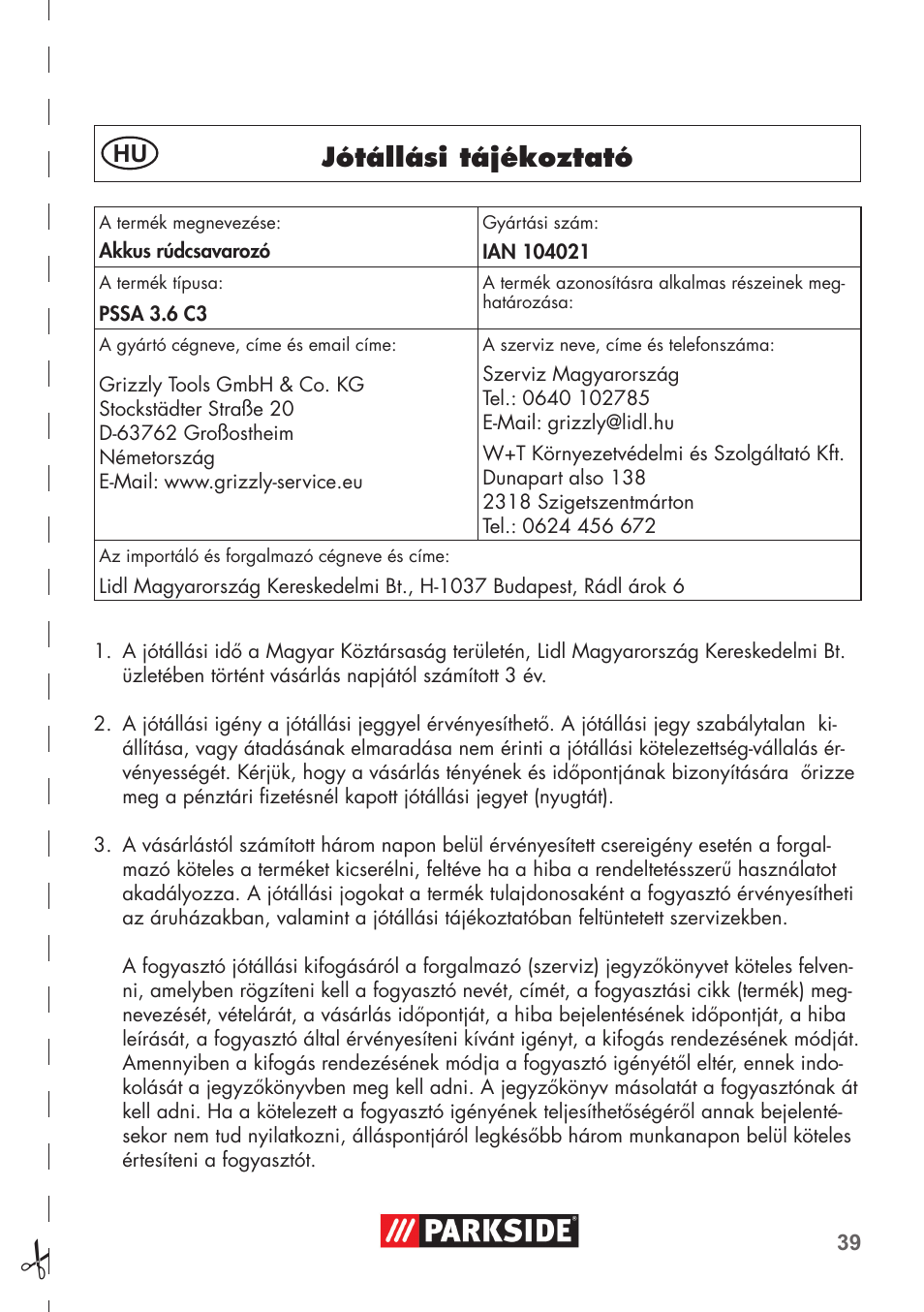 Jótállási tájékoztató | Parkside PSSA 3.6 C3 User Manual | Page 39 / 82