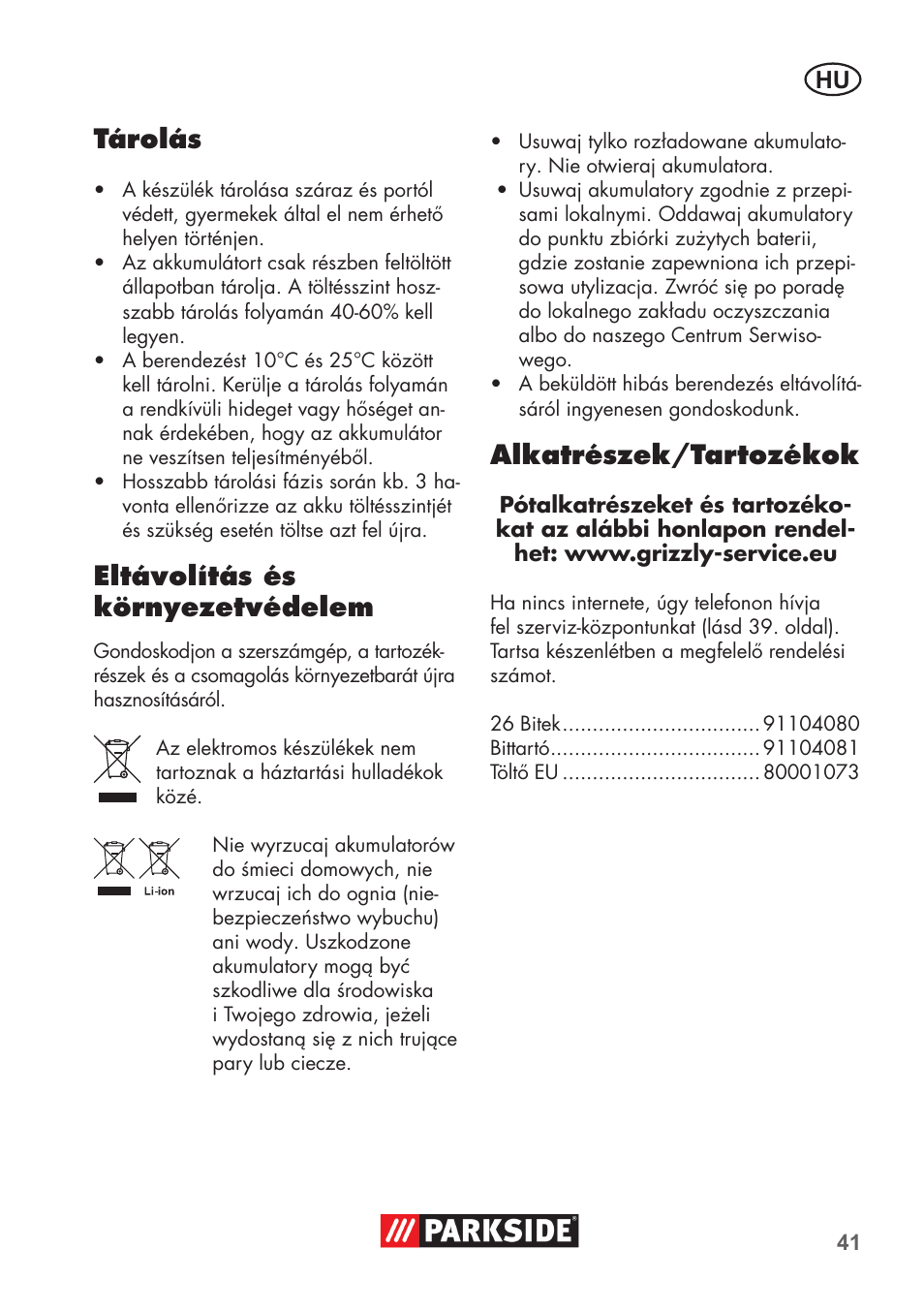 Tárolás, Eltávolítás és környezetvédelem, Alkatrészek/tartozékok | Parkside PSSA 3.6 C3 User Manual | Page 41 / 82