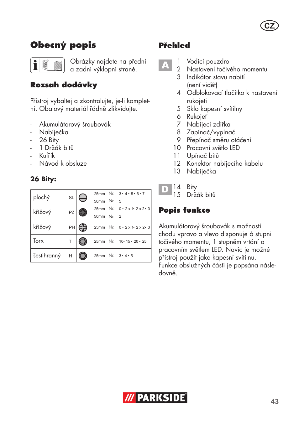 Obecný popis, Rozsah dodávky, Přehled | Popis funkce | Parkside PSSA 3.6 C3 User Manual | Page 43 / 82