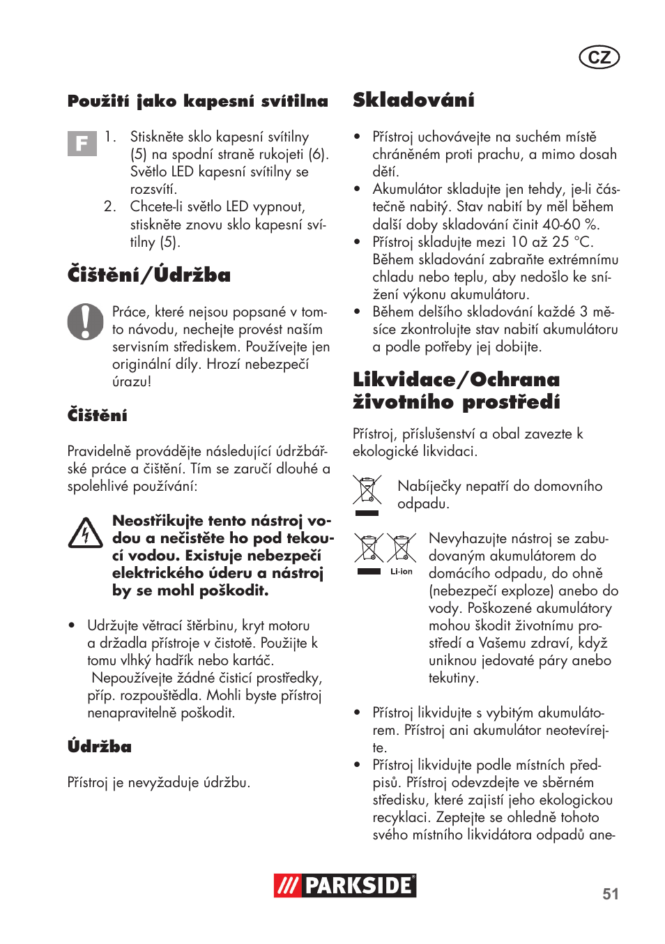 Čištění/údržba, Skladování, Likvidace/ochrana životního prostředí | Parkside PSSA 3.6 C3 User Manual | Page 51 / 82