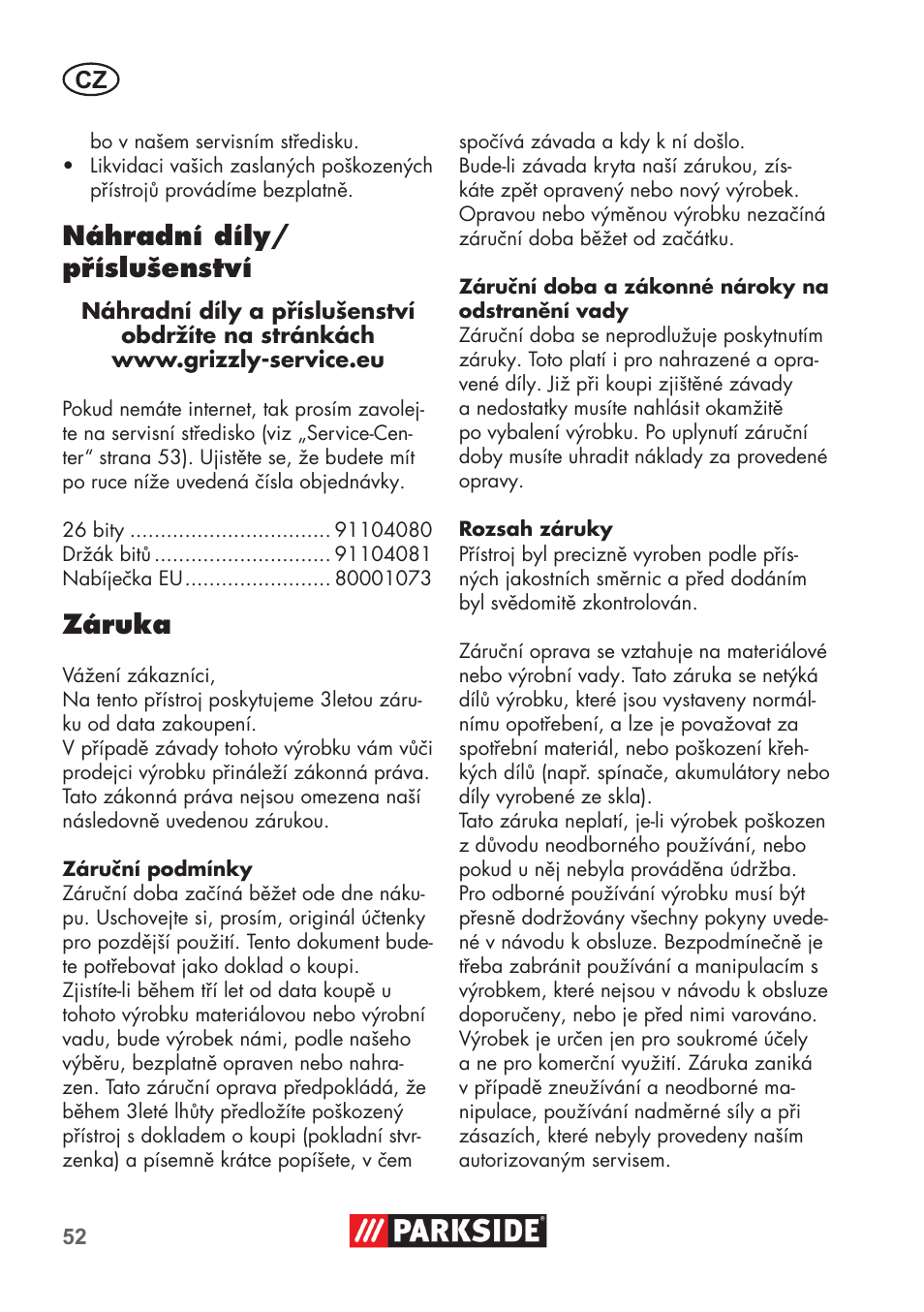Náhradní díly/ příslušenství, Záruka | Parkside PSSA 3.6 C3 User Manual | Page 52 / 82