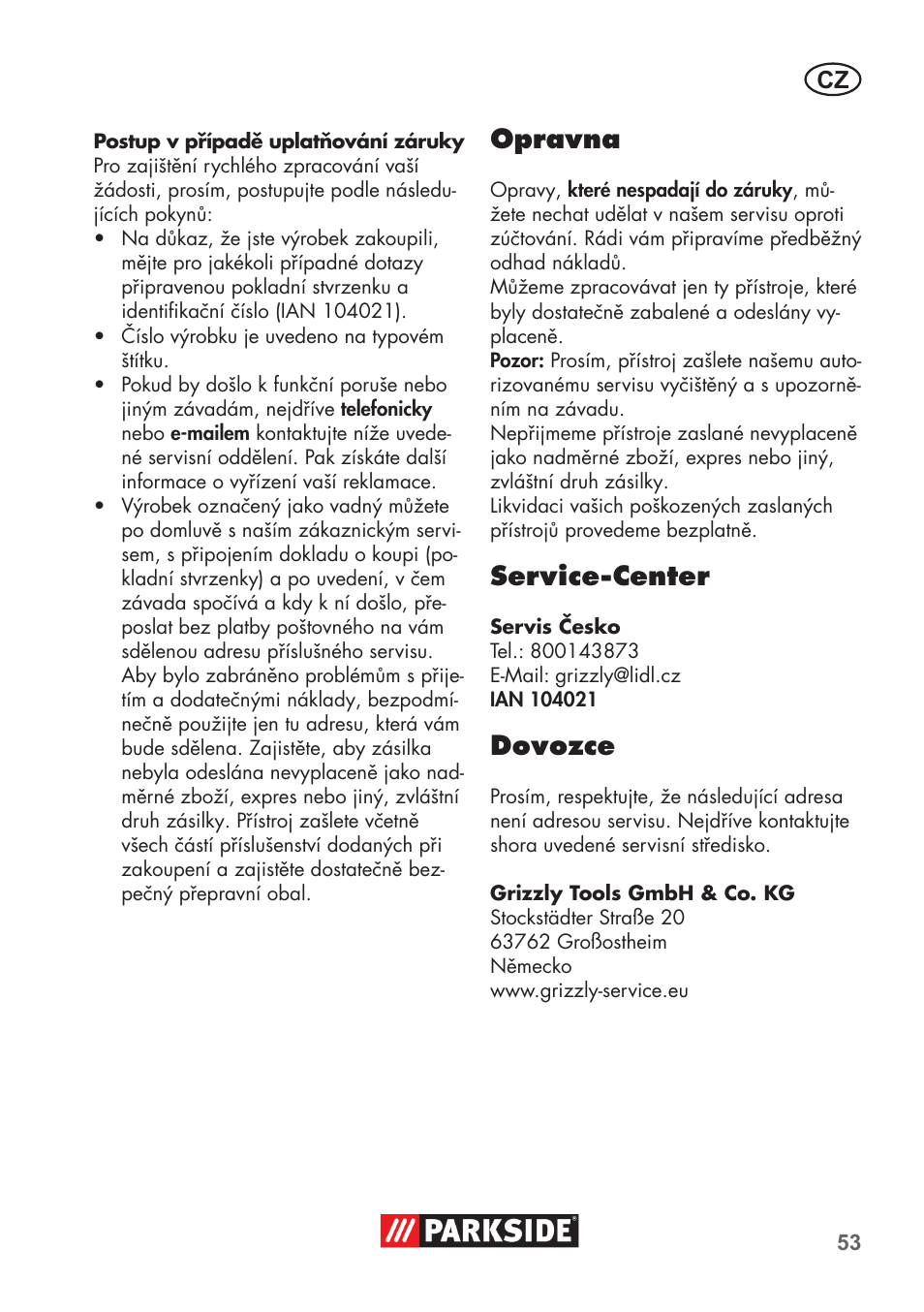 Opravna, Service-center, Dovozce | Parkside PSSA 3.6 C3 User Manual | Page 53 / 82