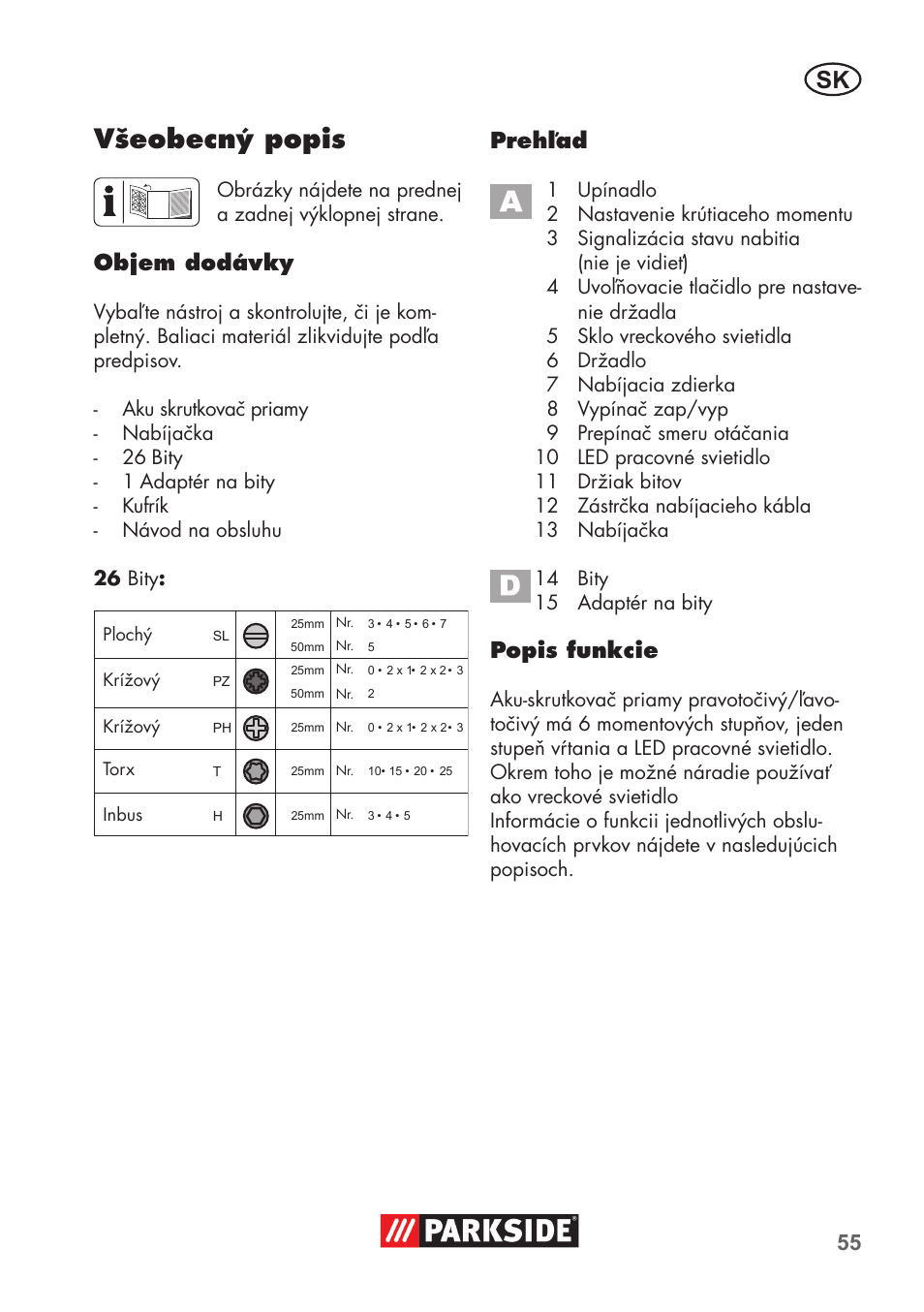 Všeobecný popis, Objem dodávky, Prehľad | Popis funkcie | Parkside PSSA 3.6 C3 User Manual | Page 55 / 82