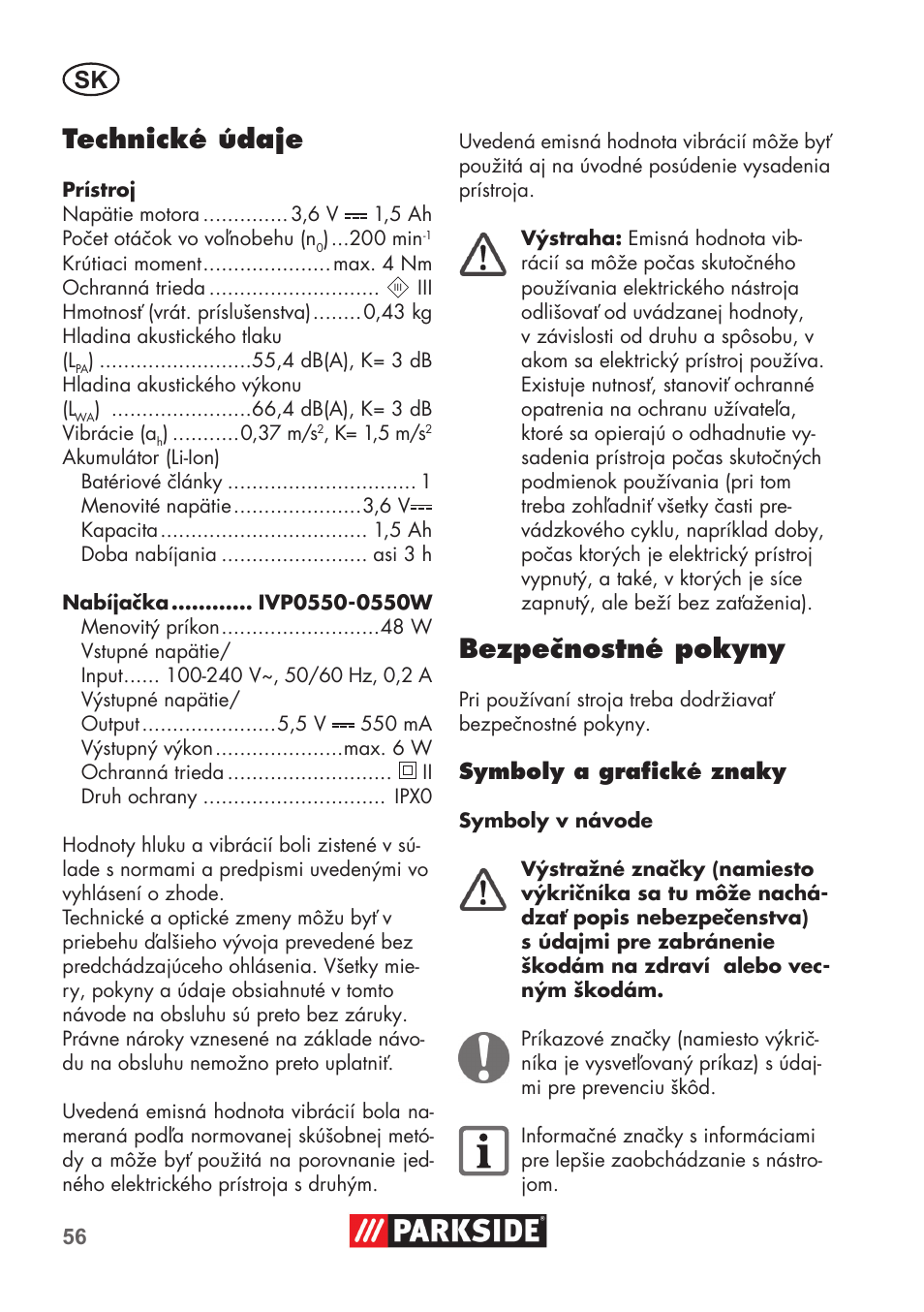 Technické údaje, Bezpečnostné pokyny | Parkside PSSA 3.6 C3 User Manual | Page 56 / 82