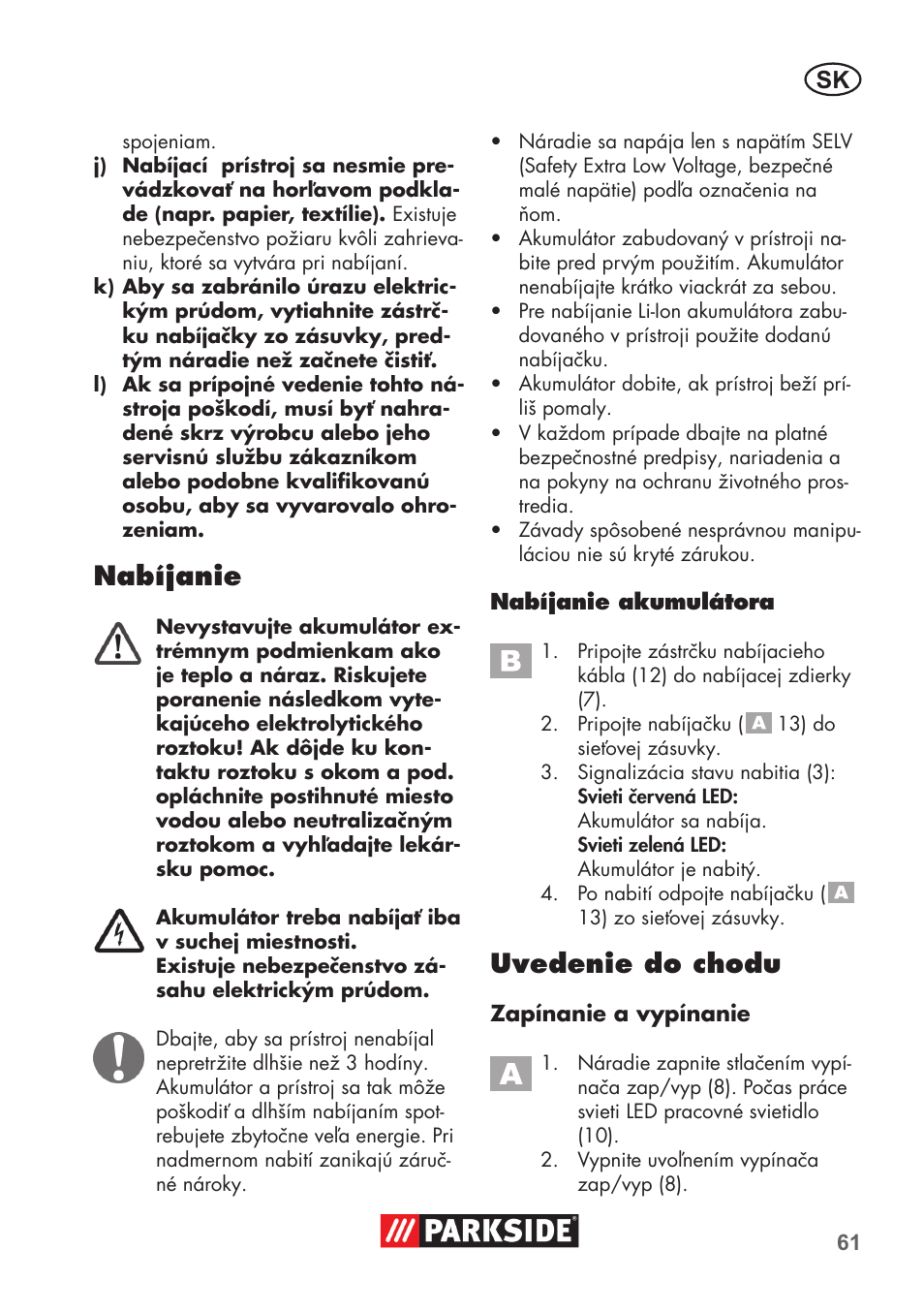 Nabíjanie, Uvedenie do chodu | Parkside PSSA 3.6 C3 User Manual | Page 61 / 82