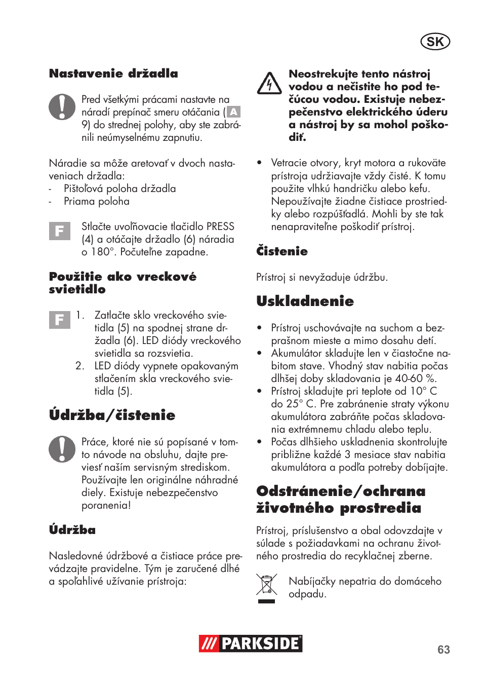 Údržba/čistenie, Uskladnenie, Odstránenie/ochrana životného prostredia | Parkside PSSA 3.6 C3 User Manual | Page 63 / 82